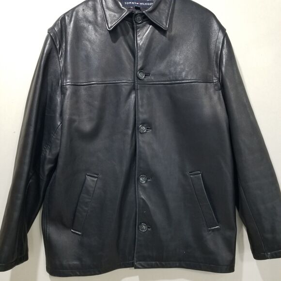 Vintage Tommy Hilfiger Leather Jacket Mens Medium Black Mid Pea Coat Dress - Picture 2 of 12